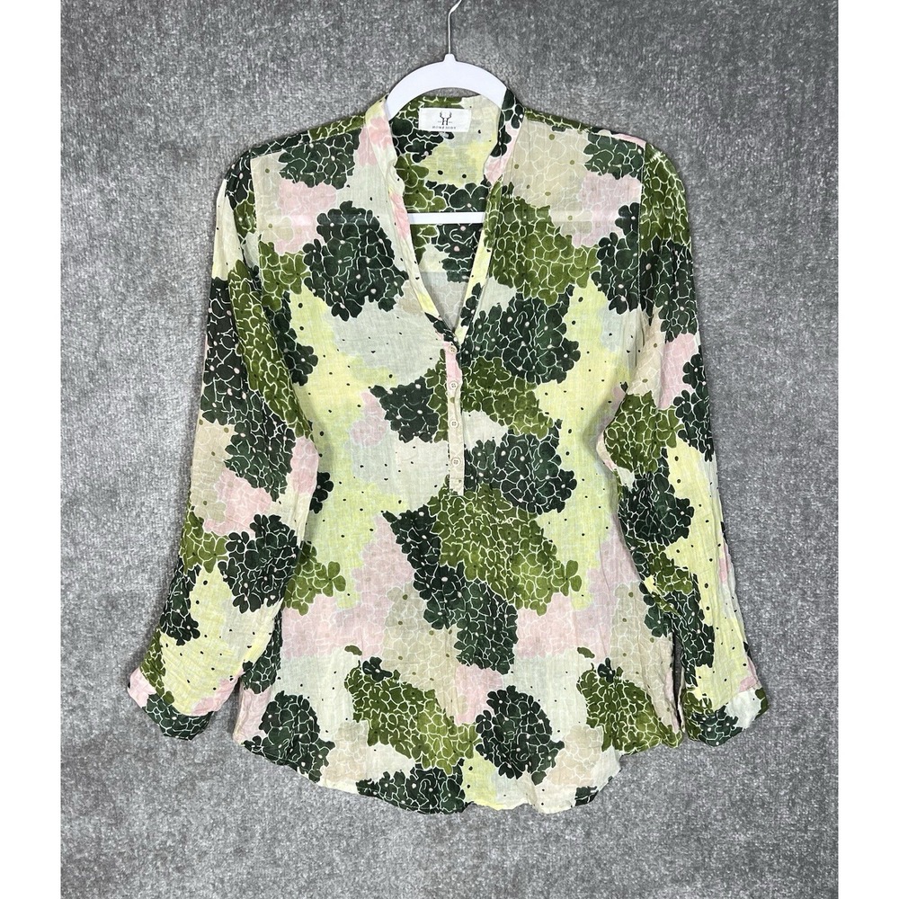 Homebody Sheer Top Womens Size M Green Pink Floral 1/4 Button Long Sleeve Blouse